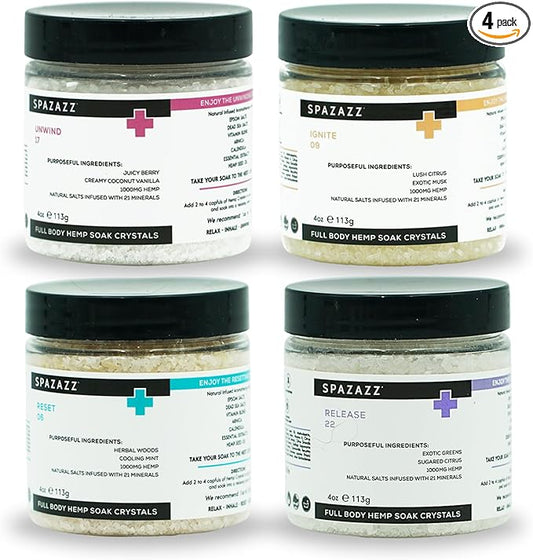 Spazazz Hot Tub Aromatherapy Full Body Hemp Soak Collection Sampler Pack - 4oz 1000 mg Hemp Spa Aromatherapy Hot Tub Bath Salt Crystals 4 Pack: Release 22, Reset 06, Unwind 17, Ignite 09