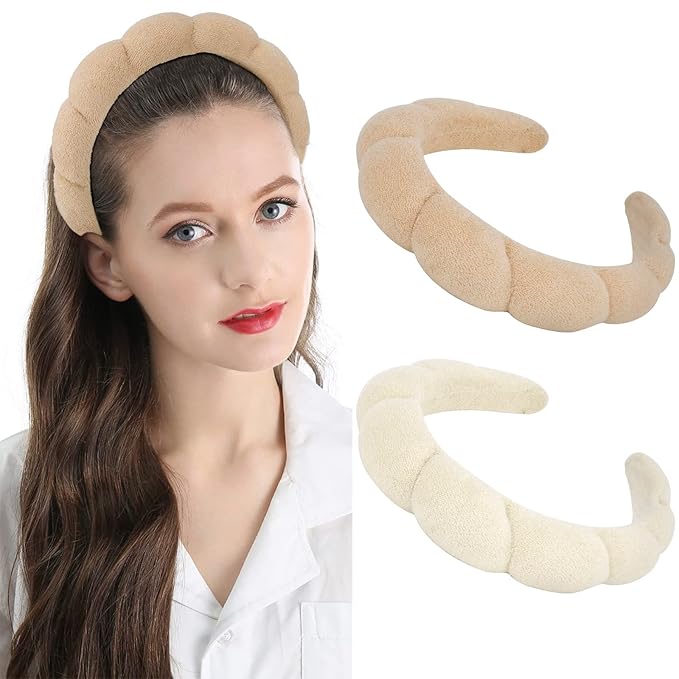 AMCAMI 2 PCS Puffy Spa Headband for Women Sponge Headbands for Girls Terry Towel Cloth Fabric Head Band for Skincare, Makeup Removal(Beige&Light coffee)