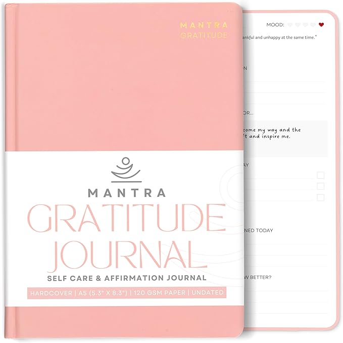Gratitude Journal For Women & Men - Mental Health, Self Love & Self Care Journal - Pink - 5.8" x 8.3" - Mantra Planner