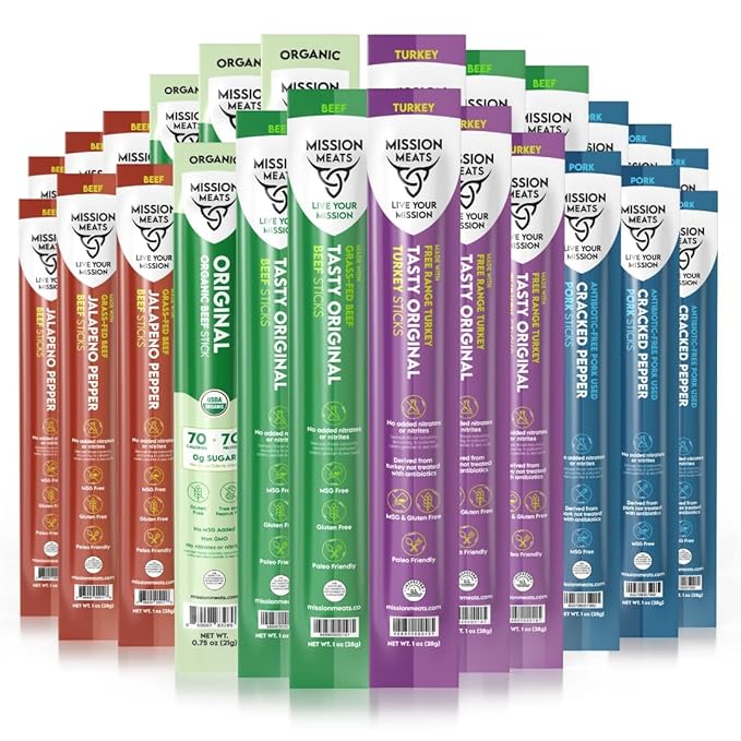 Mission Meats Variety Pack with Certified Organic Beef, Grass Fed, Free Range Turkey, and Cracked Pepper Pork – Gluten & Sugar Free, Whole 30 & Paleo Friendly, Delicious and Family Friendly (24 Count)