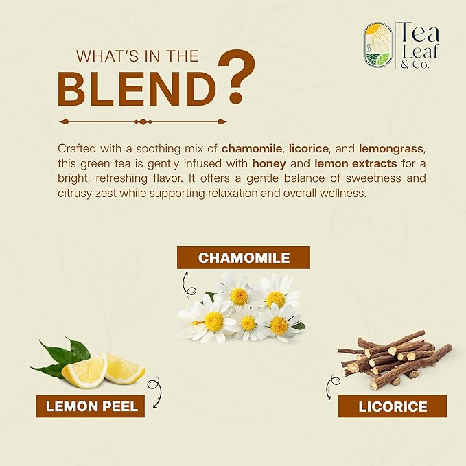 Tealeaf & Co. Honey Lemon Green Tea with Lemon & Honey Extract, Lemongrass, Licorice & Chamomile - Organic Green Tea Bags with Fresh Herbs and Spices - 100 Teabags (7.055oz/200gm)