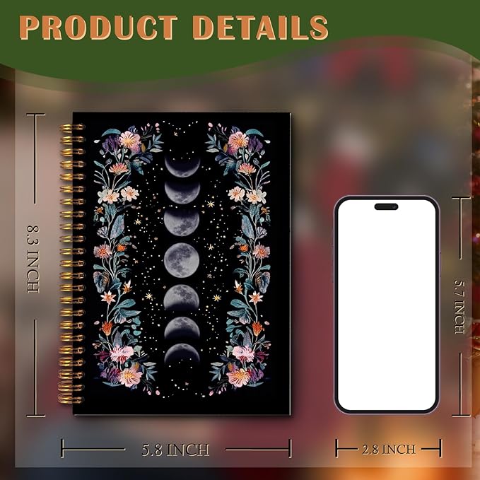 Exqcom Dark Floral Moon Phase Tarot Spiral Notebook, Tarot Astrology Lovers Gifts Journal for Women, Mystical Witchy Astrology Hardcover Notebook Journal Office School Supplies, 5.5x8.3 Inch