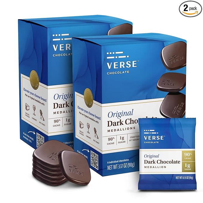 Verse 90% Dark Chocolate Squares - Only 1g Cane Sugar - Creamy Dark Cocoa - Individually Wrapped Cacao Chocolate Squares (9 Count, 2 Pack)