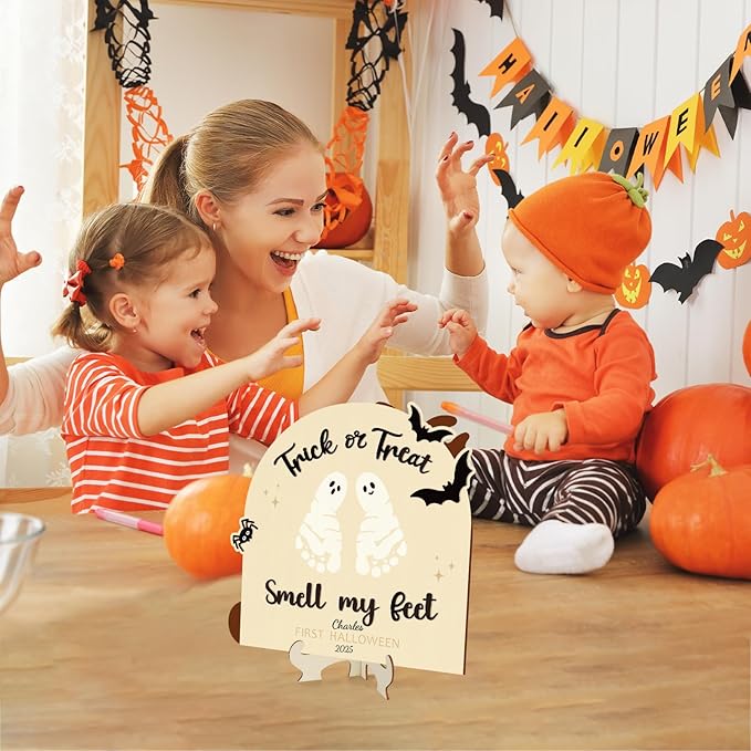 Sereliy Baby's First Halloween DIY Footprint Art Card, Wooden Halloween Baby Sign Keepsake Ornaments for Baby Shower Newborn Photoshoot Prop (Trick)