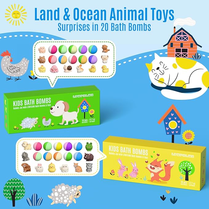 Bath Bombs for Kids with Toys Inside, 20 Kids Bath Bombs with Animal Toys Inside, Skin-Friendly, Non Toxic, Handmade Organic Natural Bubble Bath Fizzies, Birthday Gifts for Girls Boys