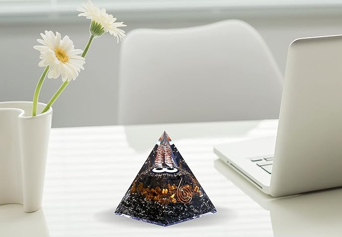 Amazing Gemstone Organite Orgone Pyramid Extra Large 95MM - Orgone Energy Pyramid with Evil Eye, Hematite, Tiger Eye,Black Obsidian Crystals&Healing Stone - Orgonite Pyramids Crystals&Positive Energy