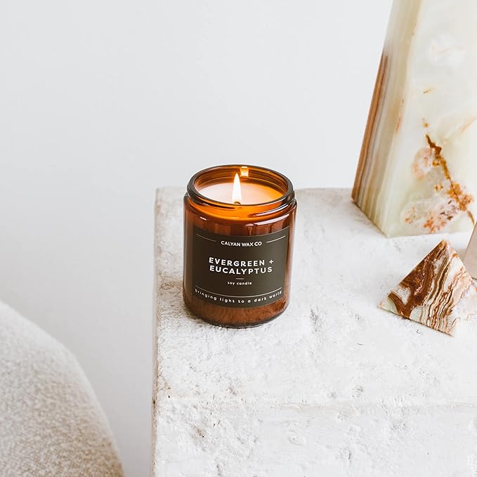 Calyan Wax Co. Soy Wax Candle, Evergreen + Eucalyptus Scented Candle, 57 Hour Burn Time, Aromatherapy Soy Candles, Non Toxic & Vegan Soy Wax, Amber Glass Jar Scented Candles, 7.2oz