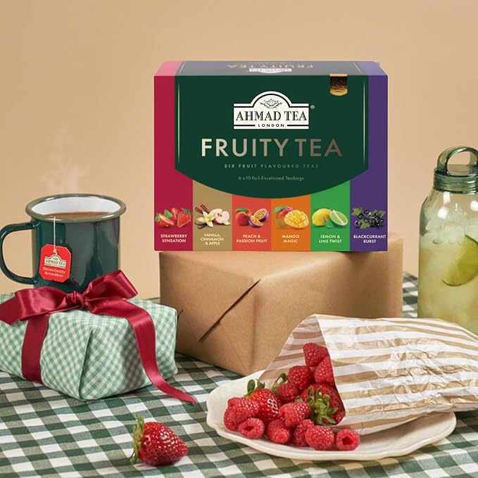 Ahmad Tea Black & Green Tea, Fruitytea Assorted Sampler Variety Gift Box, 60 Foil Teabags - Caffeinated & Sugar-Free