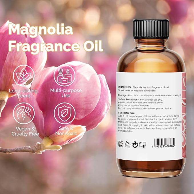 Magnolia Fragrance Oil 2 Oz, Natural Scent Oil for Home Essential Oils Diffuser, Candle Making, Soap Making, DIY Body Oils, Perfume, Body Mist, Spray - Floral Scent