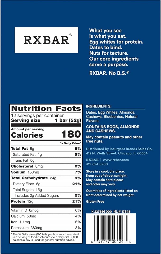 RXBAR Protein Bars, Protein Snack, Snack Bars, Blueberry, 22oz Box (12 Count)