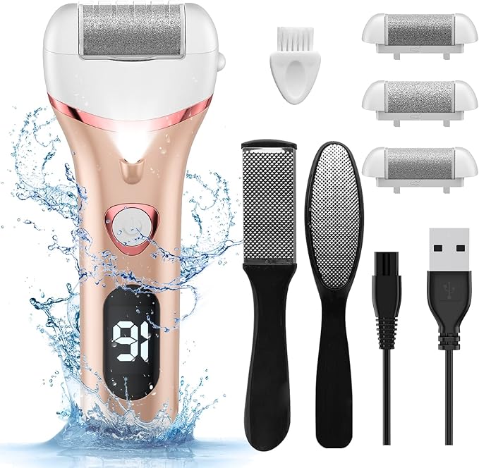 Electric Foot Callus Remover, Rechargeable Portable Electronic Foot File Pedicure Kits, Waterproof Foot Scrubber File, Professional Pedicure Tools, Foot Care for Dead Skin Ideal Gift, 3 Rollers
