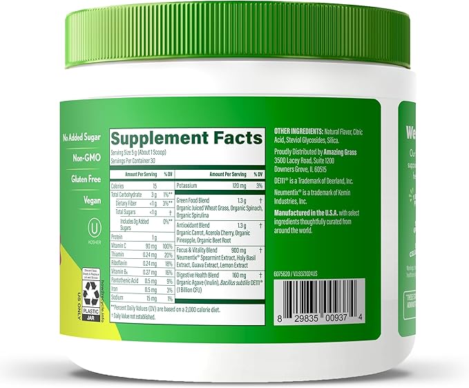 Amazing Grass Sweet Greens and Superfoods Powder for Digestive Health, Greens Powder, Digestive Enzymes, Probiotics, Spirulina, Chlorella, Tropical Lime, 30 Servings