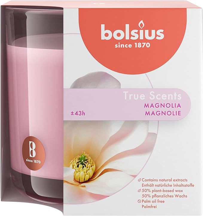 Bolsius Magnolia Scented Candle - 43+ Hour Burn Time, Plant-Based Wax, Smokeless, 8oz Jar