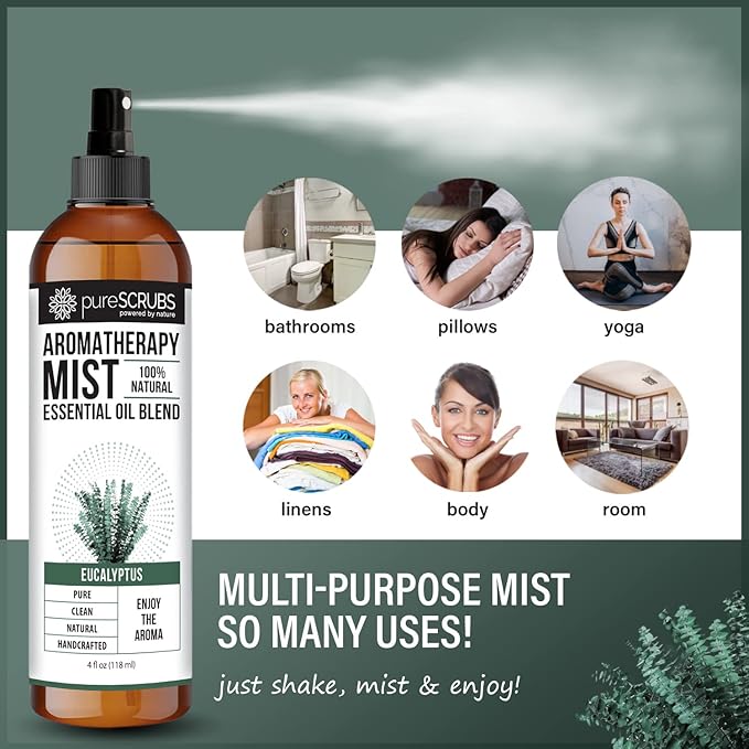 SHAKE, MIST & ENJOY - pureSCRUBS Premium Eucalyptus Aromatherapy Spray Mist for Room, Body, Linens, 100% Natural Essential Oils Plant Based Formula - One 4oz Bottle