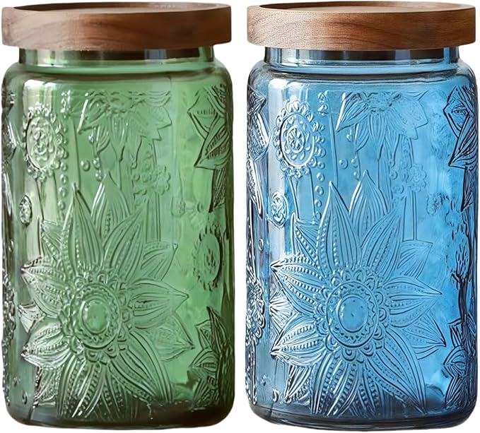 ANSQU Vintage Glass Storage Jar with Lid - 34 oz Mason Jar for Kitchen & Bathroom - Containers for Coffee, Tea, Cookies, Candy, Nuts, Pet Food, Bath Salts - Decorative Pantry Organizer (Blue & Green)