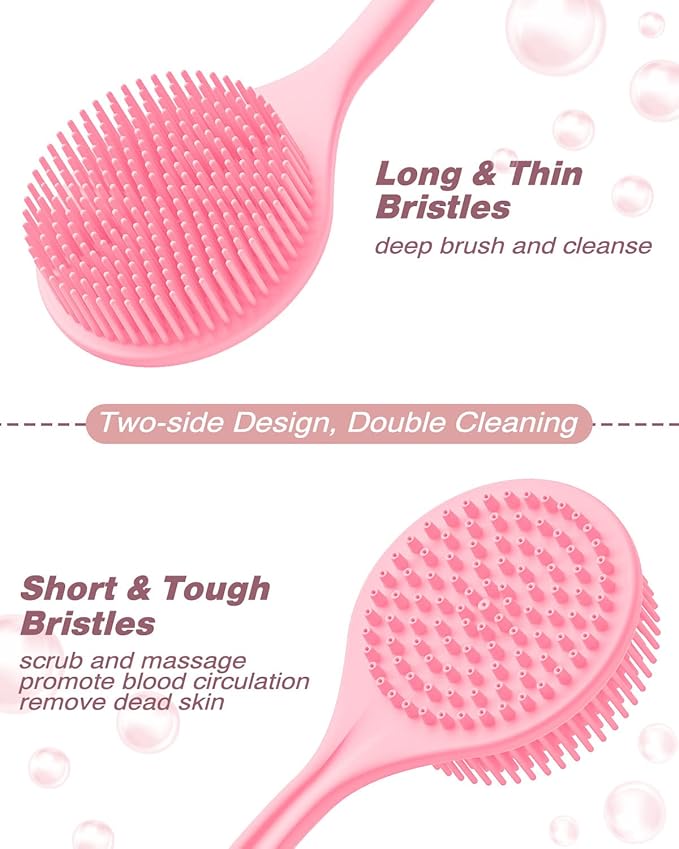 Manmihealth Silicone Back Scrubber & Soft Bath Glove Set 4 PCS(Thin Bristles), Super-Exfoliating Body Scrubber & Super-Lathering Shower Face Brush Combination, with 2 Free Hooks (Pink)