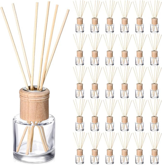 Roshtia 30 Set Reed Diffuser Bottle Empty Refillable Fragrance Glass Diffuser Bottles Set with Wooden Caps Rattan Sticks 50ml 1.7 oz Round Glass Jars for DIY Fragrance