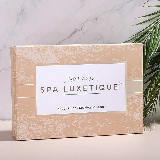 spa luxetique Bath Salts Gift Set 6-Pack, Foot and Body Sea Salts for Soaking, Wooden Scooper, 0.5oz Argan Oil, Bath Salts for Women Relaxing, Mother's Day Gifts for Mom