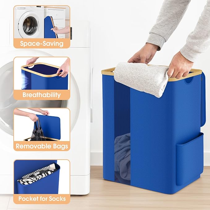 Laundry Basket Clothes Hamper with Lid and Pocket Large Collapsible Laundry Baskets with Handle, Blue Freestanding Hampers for Bedroom Aesthetic, Dorm, Bathroom, Laundry Room (80L)