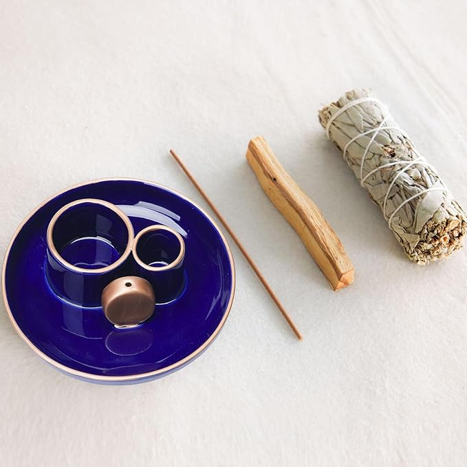 4 in 1 Incense Holder, Ceramic Incense Stick and Palo Santo Holder,Sage Holder for Burning- 5.5" Ceramic Ash Catcher Tray for Meditation and Yoga Room (Blue Golden)