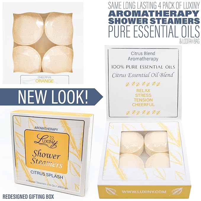 Shower Bombs Aromatherapy in Your Shower, American Made by Luxiny, Shower Steamer Tablets Melt to Release a Fragrant Vapor for Natural Stress Relief – Pack of 4 XL Steamers (Citrus Splash)