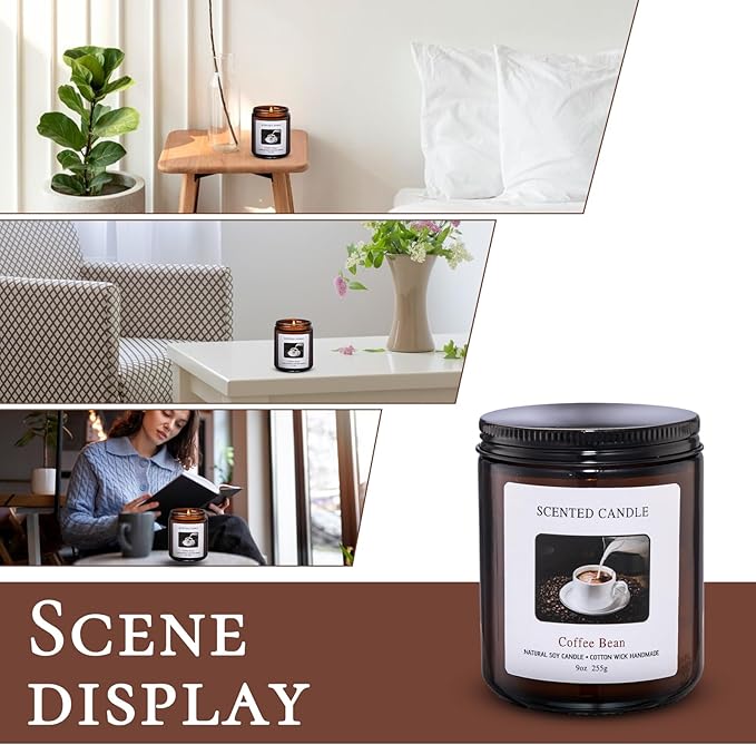 Coffee Bean Scented Candles for Home Scented Aromatherapy Candles,Hand-Poured, 9 OZ, 50H Clean Burn, Soy Wax Candle Gift Set for Women Men