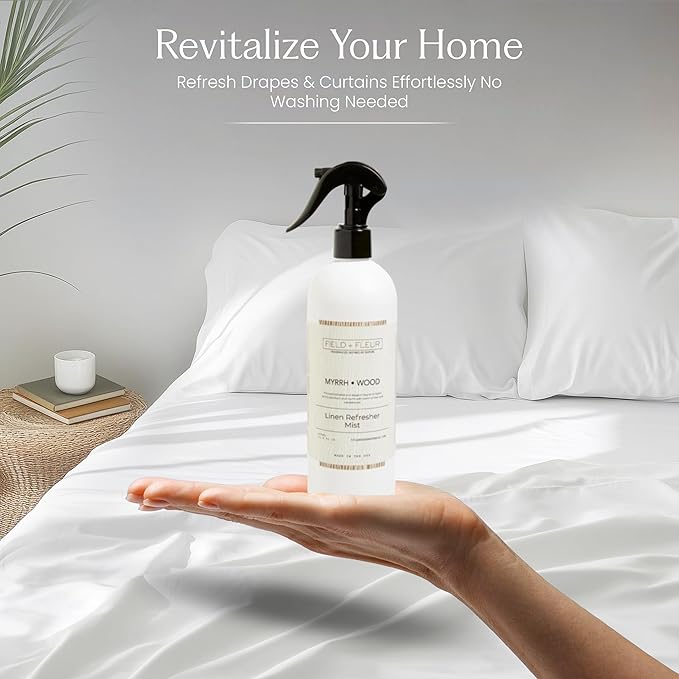 FIELD FLEUR Myrrh Wood Linen & Room Spray 15.5 oz - Aromatic & Refreshing Bedding & Fabric Mist - Air Freshener for Clothes & Sofas - Notes of Patchouli, Myrrh, Amber & Sandalwood - Made in USA