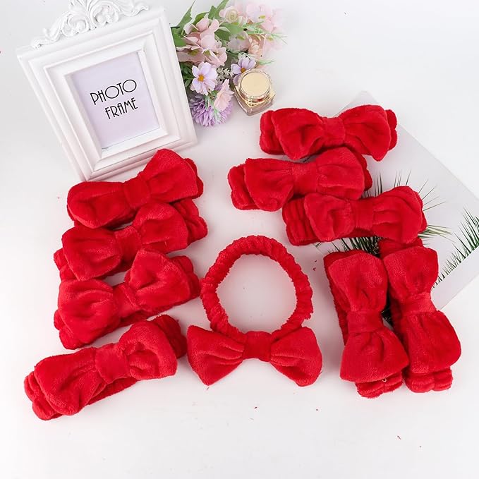 10 Pcs Red Makeup Headbands, Hair Band for Washing Face, Soft Coral Fleece Makeup Headband for Women Girls, Bow Hair Bands, Towel Headbands for Face Washing Shower Skin Care Yoga