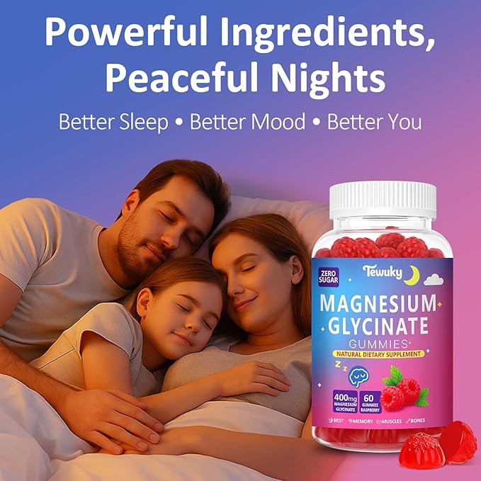 Magnesium Glycinate Gummies 400mg - Sugar Free Vegan Gummies for Adults & Kids with Vitamin D3, B6, C, CoQ10, Collagen, Zinc - Sleep, Muscle, Bone & Memory Support - 60 Raspberry Chewables