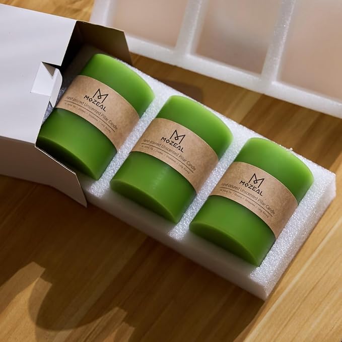 MOZEAL 3" x 4" Hand-Poured Unscented Candle, Dripless Pillar Candle Set of 3, Long Clean Burning, Approx 72 Hours Burn Time, Rustic Country Style, Wedding, Spring, Home Decor, Lime Green