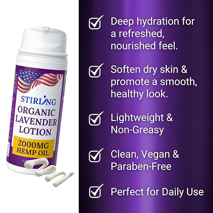 STIRLING Lavender Lotion ā Organic Lavender with 2000mg Hemp Oil, Aloe Vera, and Vitamin E ā Nourishing and Moisturizing Body Lotion for a Soft and Smooth Feel