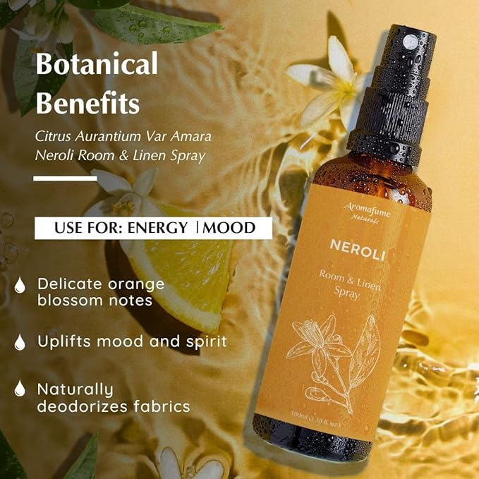 Neroli Room, Linen & Pillow Spray by Aromafume | 100ml / 3.38 fl oz | with Pure Neroli Essential Oil | Aromatherapy Spray for Upliftment, Positivity | Mist for Bedding, Fabrics | Air Freshener