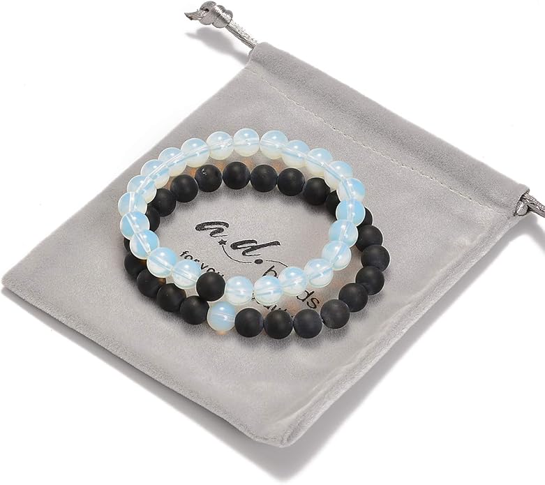 AD Beads 2Pcs His & Hers Distance Beads Bracelets Elastic Natural Stone Yoga Bracelet