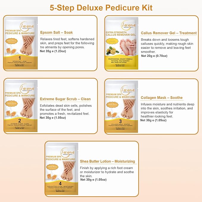 Epsom Salt Soak, Callus Remover Gel, Extreme Sugar Scrub, Collagen Mask & Shea Butter Lotion – Professional Spa Foot Care System 5 Step Luxury Pedicure Kit. Milk & Honey 12 Set