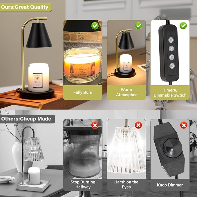 Black and Gold Candle Warmer, Candle Warmer Lamp with Timer,Electric Candle Lamp Warmer for Scented Wax with 2 Bulbs,House Warming Gifts New Home&Gifts for Women, Candle Lamp for Jar Candles
