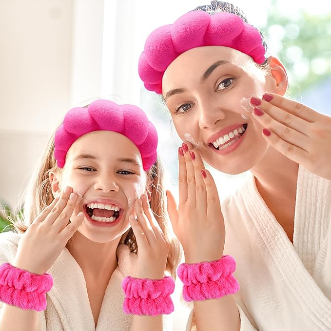 Zkptops Spa Headband for Washing Face Wristband Set Sponge Makeup Skincare Terry Cloth Bubble Soft Get Ready Hairband for Women Girl Puffy Padded Headwear Non Slip Thick Hair Accessory(Hot Pink)