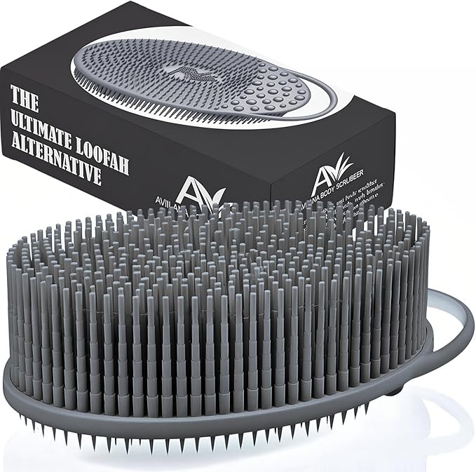 Avilana Silicone Body Scrubber – Gentle Shower Brush & Loofah Alternative- Food Grade & Lab Tested – Fast-Drying, Hygienic, BPA-Free Silicone Body Gentle Exfoliator (Gray, Exfoliate)