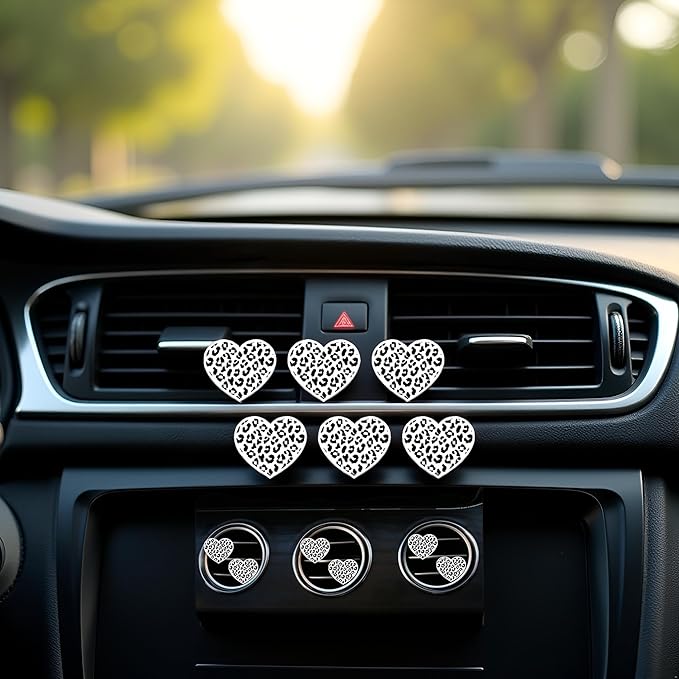 6 Pcs Heart Air Vent Clips, Cute Heart Car Air Fresheners Vents Clips Funny Cars Diffuser Vent Clips Cars Interior Decor Charm Cute Car Accessories,Decoration for Women Automotive (White Leopard)