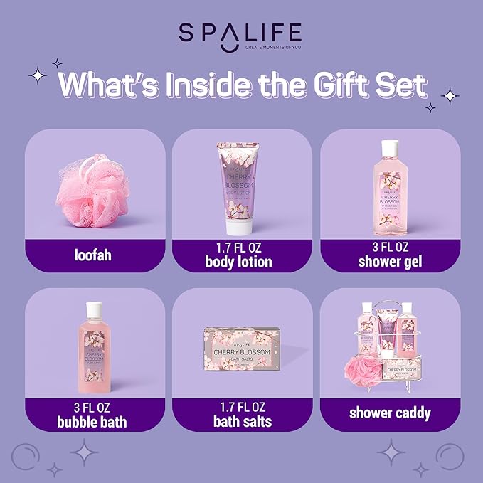 SpaLife Cherry Blossoms Gift Set - 5-Piece Bath and Shower Caddie, Bubble Bath, Shower Gel, Bath Salts, Body Lotion, Relaxing Luxury at Home Spa Experience, Perfect Mother's Day Bath Gift for Women
