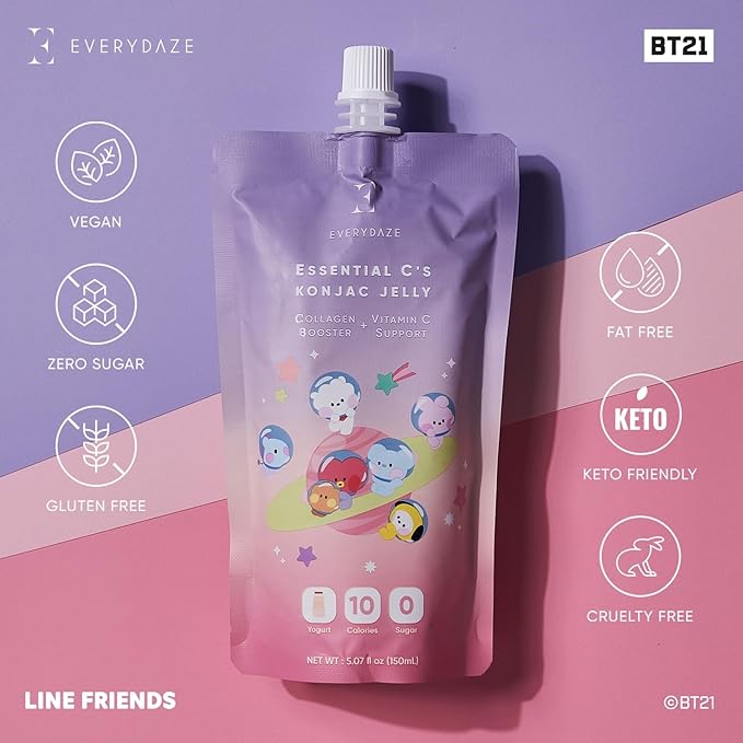 EVERYDAZE BT21 Essential C’s Konjac Jelly | Yogurt | Vegan Collagen Peptides and Vitamin C | Gluten Free, Sugar Free, Low Calorie | Healthy Drinkable Fruit Snack | 10 Pack Box Food Drink Pouch