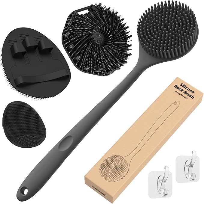Manmihealth Silicone Back Scrubber & Soft Bath Glove Set 4 PCS(Thick Bristles), Super-Exfoliating Body Scrubber & Super-Lathering Shower Brush Combination, with 2 Free Hooks (Black)