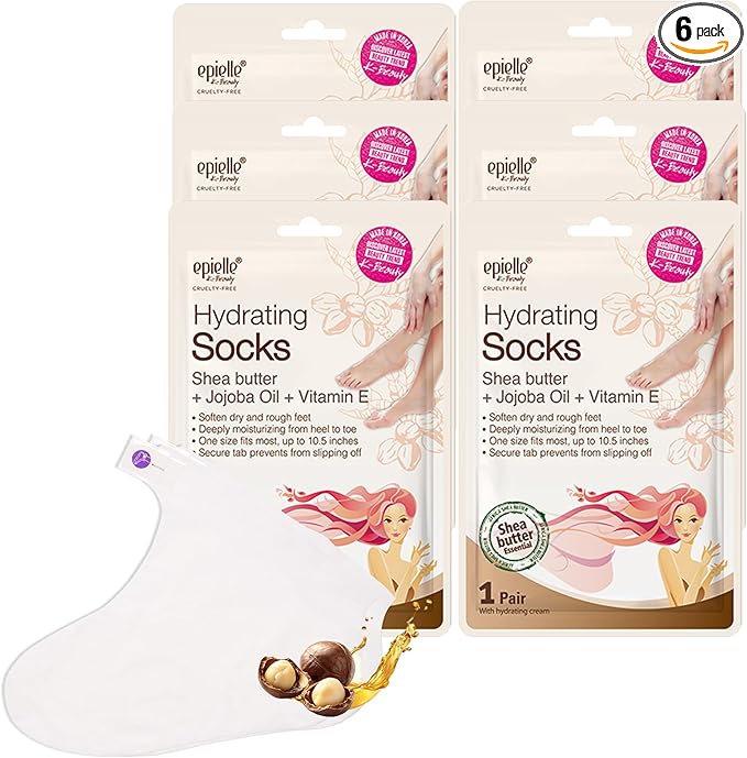 Epielle Hydrating Foot Masks 6 Pairs, Deep Moisturizing Socks for Dry Feet & Cracked Heels, Relieve and Soften with Shea Butter & Jojoba Oil, Korean Skin Care, Spa Set, Self Care Gifts for Women