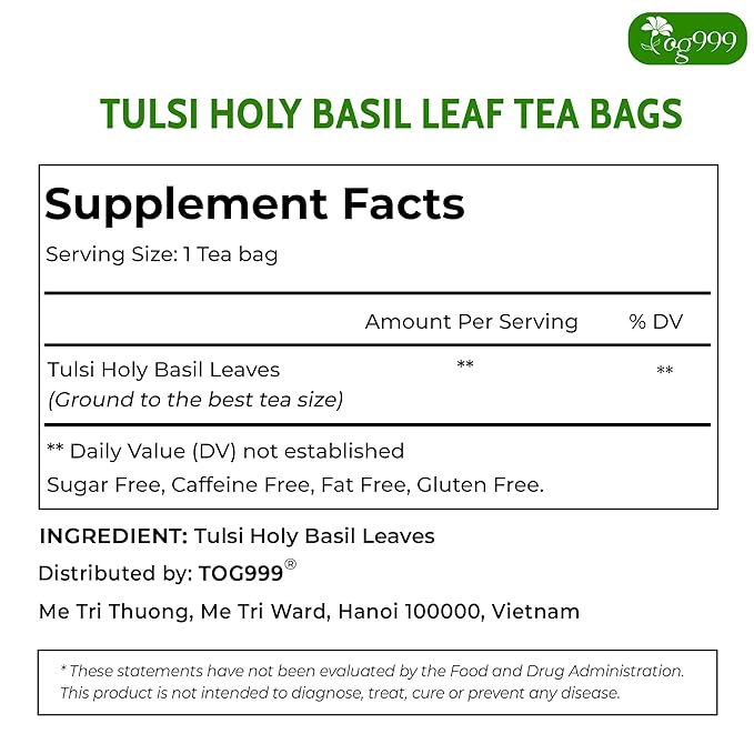 TOG999, Premium 120 Holy Basil Leaf Tea Bags, 100% Natural & Pure, Loose Leaf Herbal Tea. Holy Basil Leaf Tea. No Sugar, No Caffeine, No Gluten, Vegan.