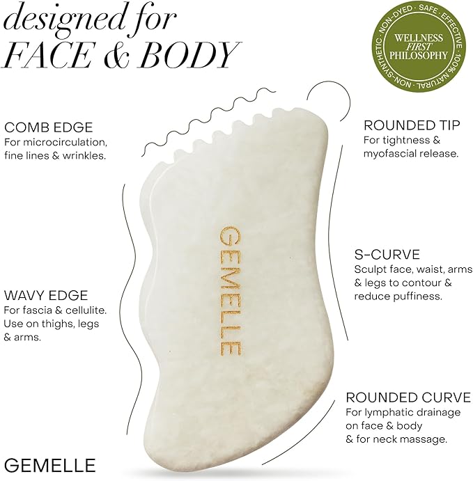 GEMELLE La Sculptante White Jade Gua Sha Facial Tool | Face & Body | 10x Award Winner | 5-Sided Gua Sha Stone for Face Sculpting, Lymphatic Drainage, Guasha Massage, Jawline, Puffiness, Firming, Gifts