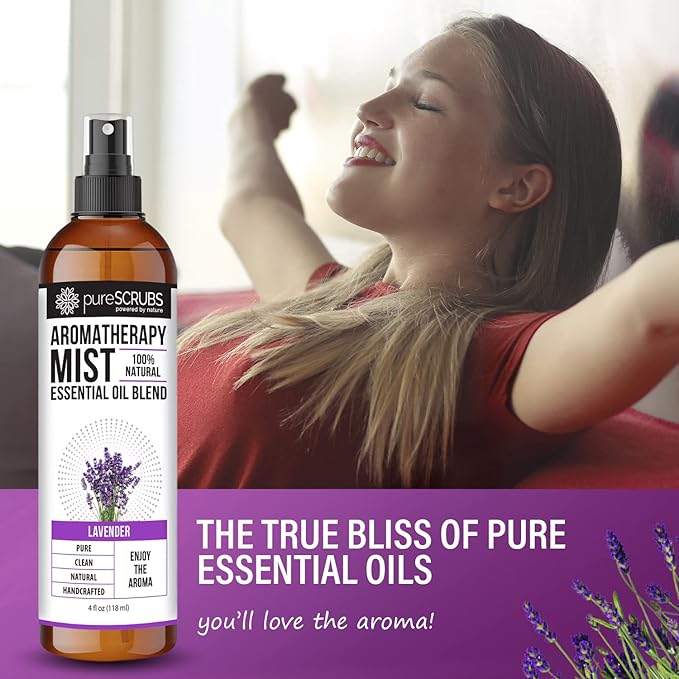 Shake, Mist & Enjoy - pureSCRUBS Premium Lavender Aromatherapy Spray Mist for Room, Body, Linens, Pillows 100% Natural Essential Oils Plant Based Formula, One 4oz Bottle