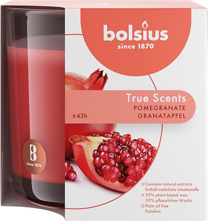Bolsius Pomegranate Scented Candle - Long-Lasting, 43+ Hours Burn - Natural, Clean-Burning, Large 8oz Jar