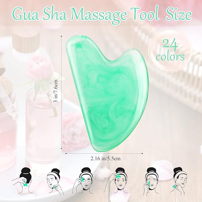 Sherr 24 Pcs Gua Sha Facial Tool Resin Gua Sha Massage Tool Heart Shaped Gua Sha Stone Guasha Board for Face Body Skin Massage Spa Acupuncture Prevent Wrinkles (Mixed Colors)