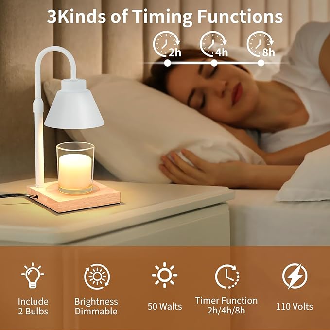 Candle Warmer Lamp with Timer Adjustable Height,Dimmable Candle Warmer for New Home Decor,Wax Warmer Lamp for Jar Candles with 2 Bulbs for Women Gift and House Warming Gift,White