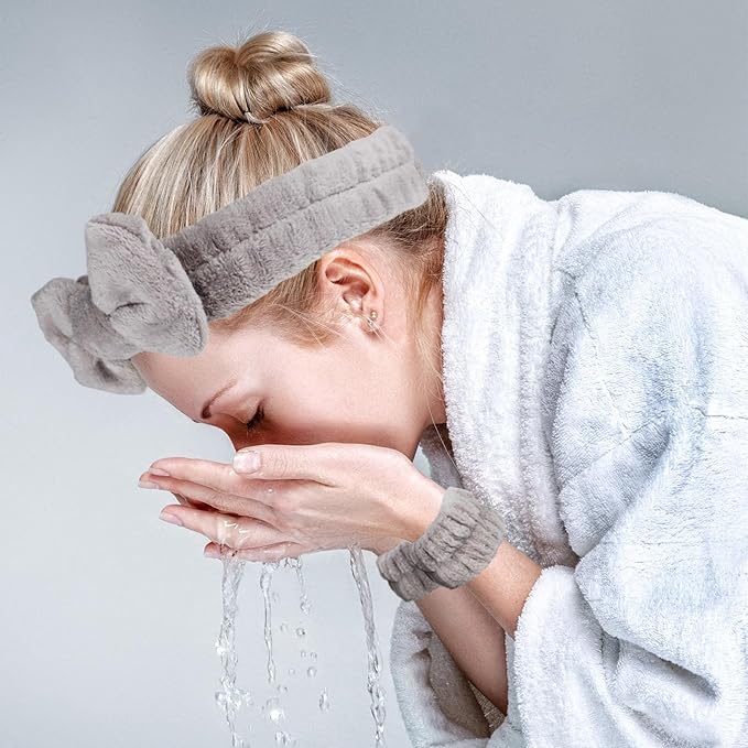 9 Pcs Coral Fleece Spa Headband and Wristband Set Fuzzy Skincare Hairbands Stretchy Wrist Wash Bands for Washing Face Make Up Women
