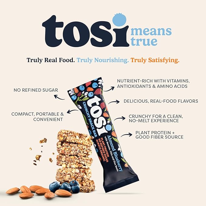 Tosi Almond Blueberry Protein Bars, Plant Based with Nuts, Gluten-Free Crunchy Snacks, Vegan, Organic, Flax & Chia Seeds, Soy-Free, Omega 3s, 5G Protein, 1 oz, 12-Pack